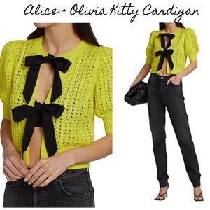 Alice + Olivia Kitty Bow Short Sleeve Cardigan Yellow Green